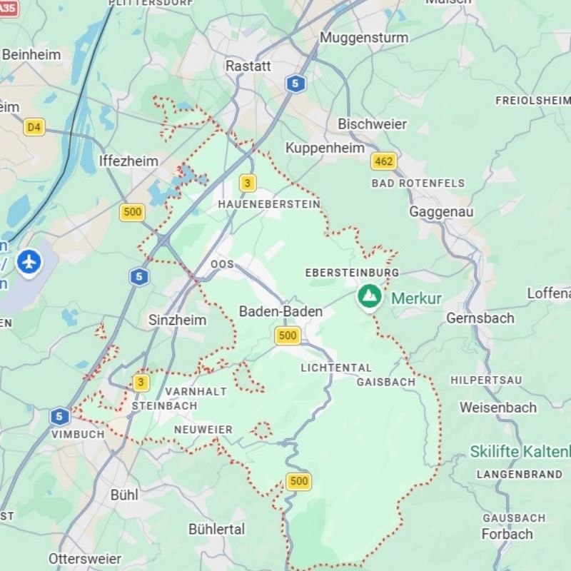 Karte von ZenOx Einsatzgebiet Baden-Baden, Rastatt, Bühl, Sinzheim
